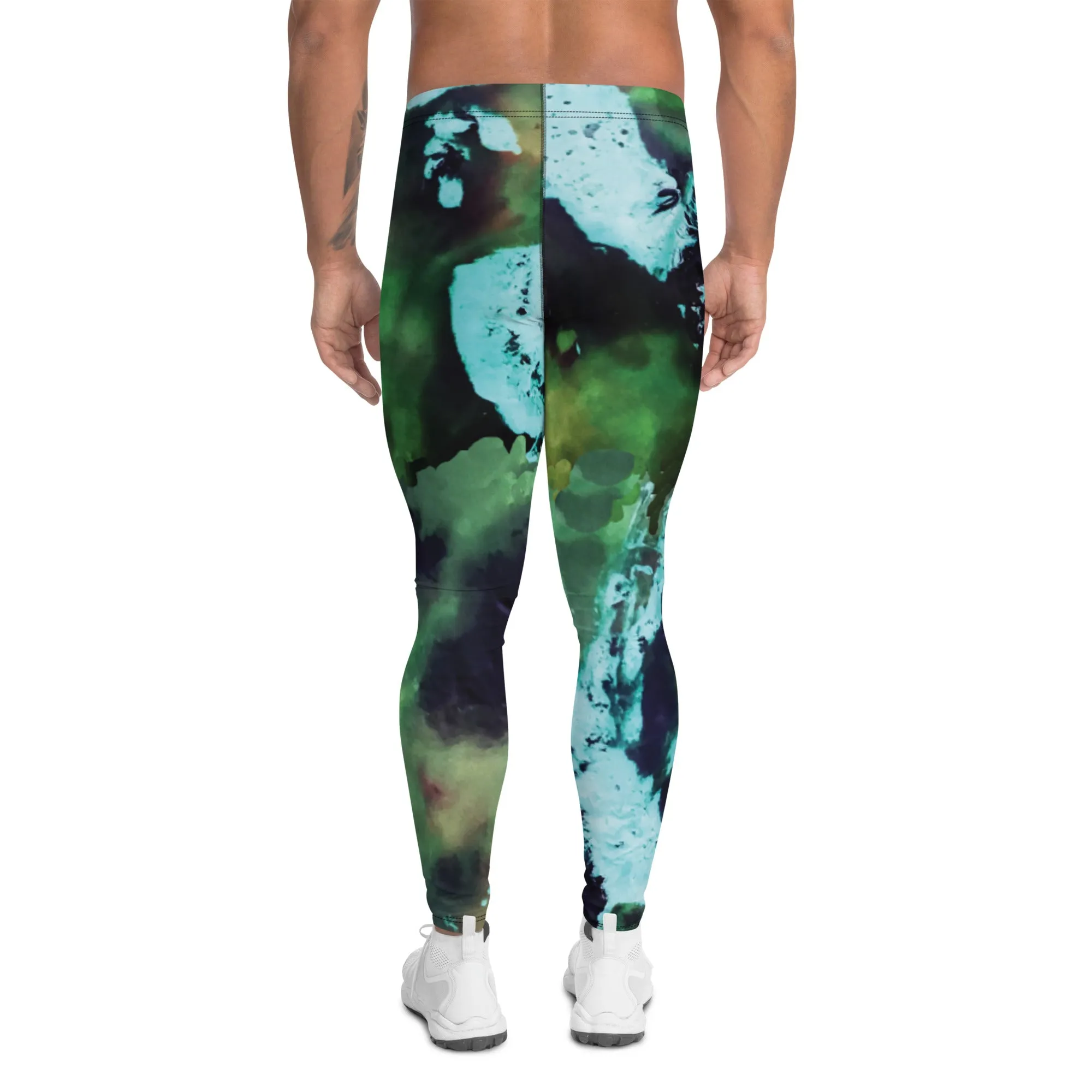 Green Abstract Print Men's Leggings, Green Abstract Printed Sexy Meggings - Made in USA/EU/MX