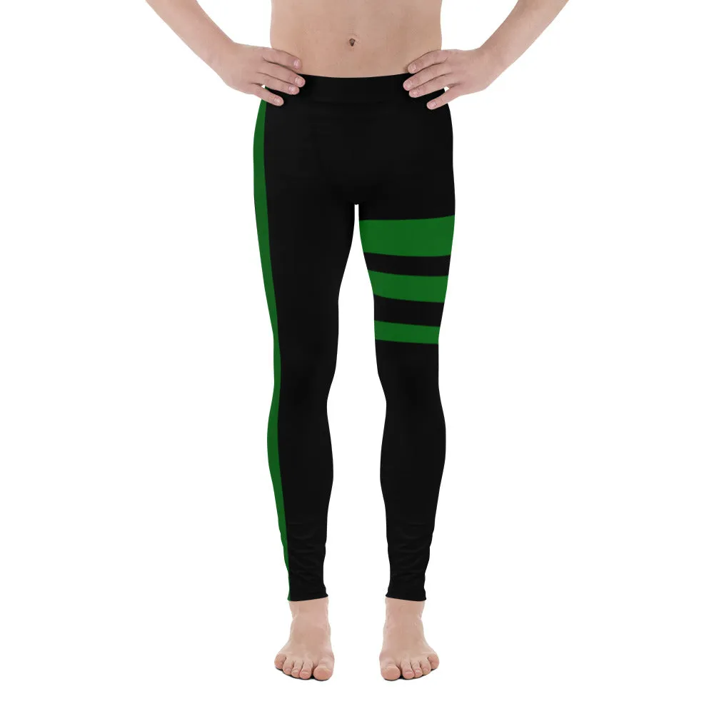 Green Black Striped Men's Leggings, Designer Premium Black Striped Meggings-Made in USA/EU/MX