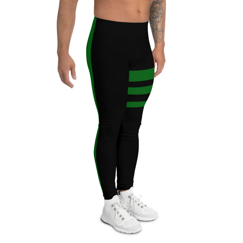 Green Black Striped Men's Leggings, Designer Premium Black Striped Meggings-Made in USA/EU/MX