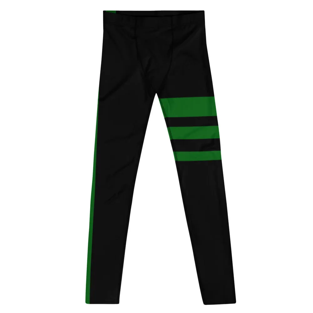 Green Black Striped Men's Leggings, Designer Premium Black Striped Meggings-Made in USA/EU/MX