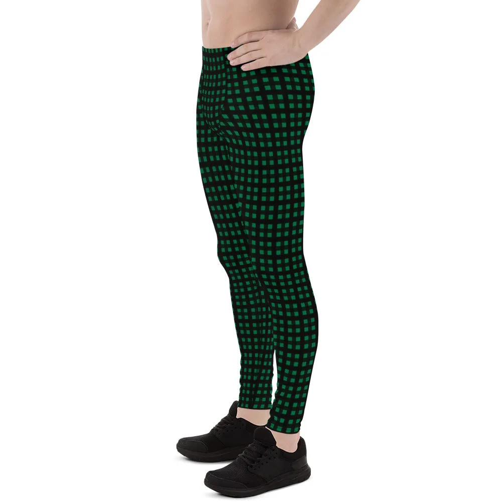 Green Buffalo Plaid Meggings, Premium Christmas Style Holiday Festive Men's Leggings Best Run Tights-Made in USA/EU/MX