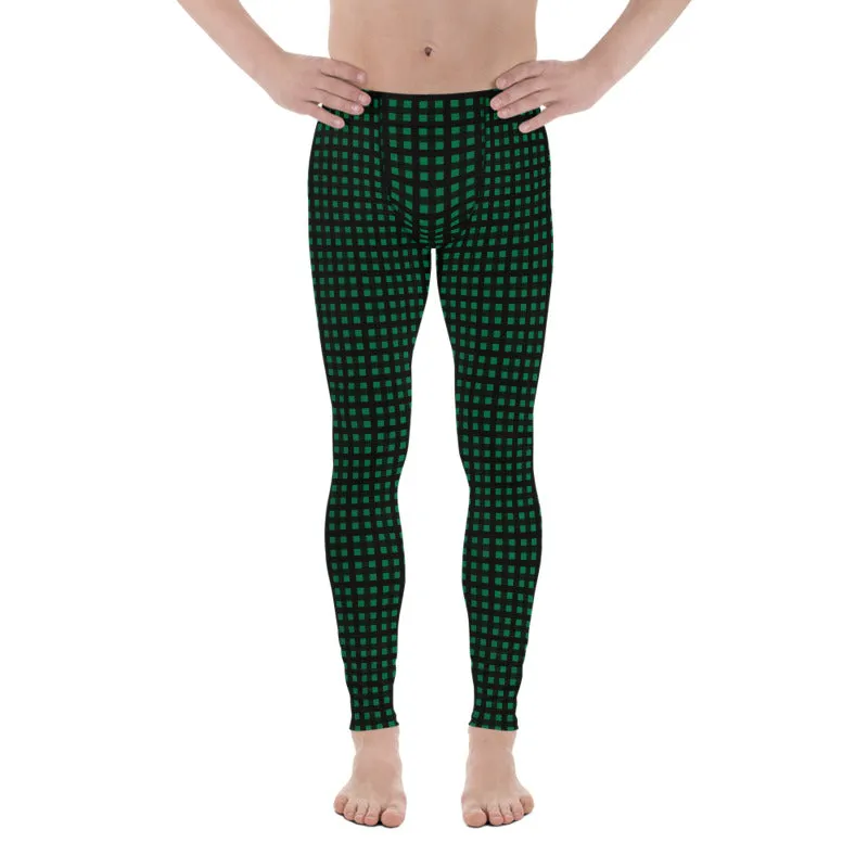 Green Buffalo Plaid Meggings, Premium Christmas Style Holiday Festive Men's Leggings Best Run Tights-Made in USA/EU/MX