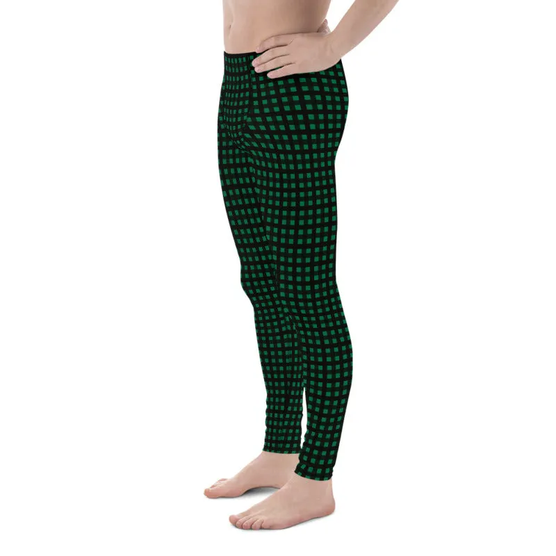 Green Buffalo Plaid Meggings, Premium Christmas Style Holiday Festive Men's Leggings Best Run Tights-Made in USA/EU/MX