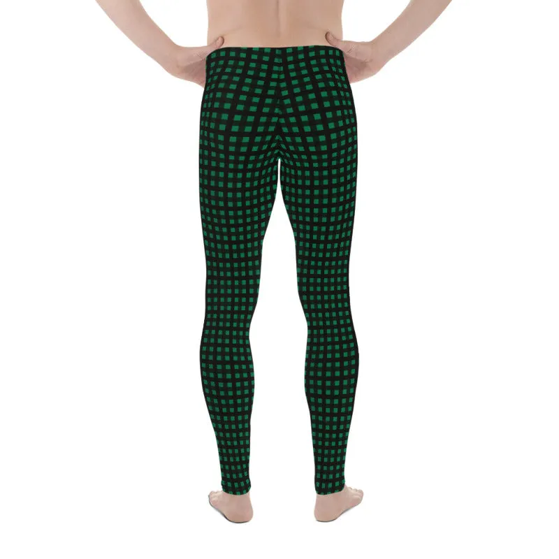 Green Buffalo Plaid Meggings, Premium Christmas Style Holiday Festive Men's Leggings Best Run Tights-Made in USA/EU/MX