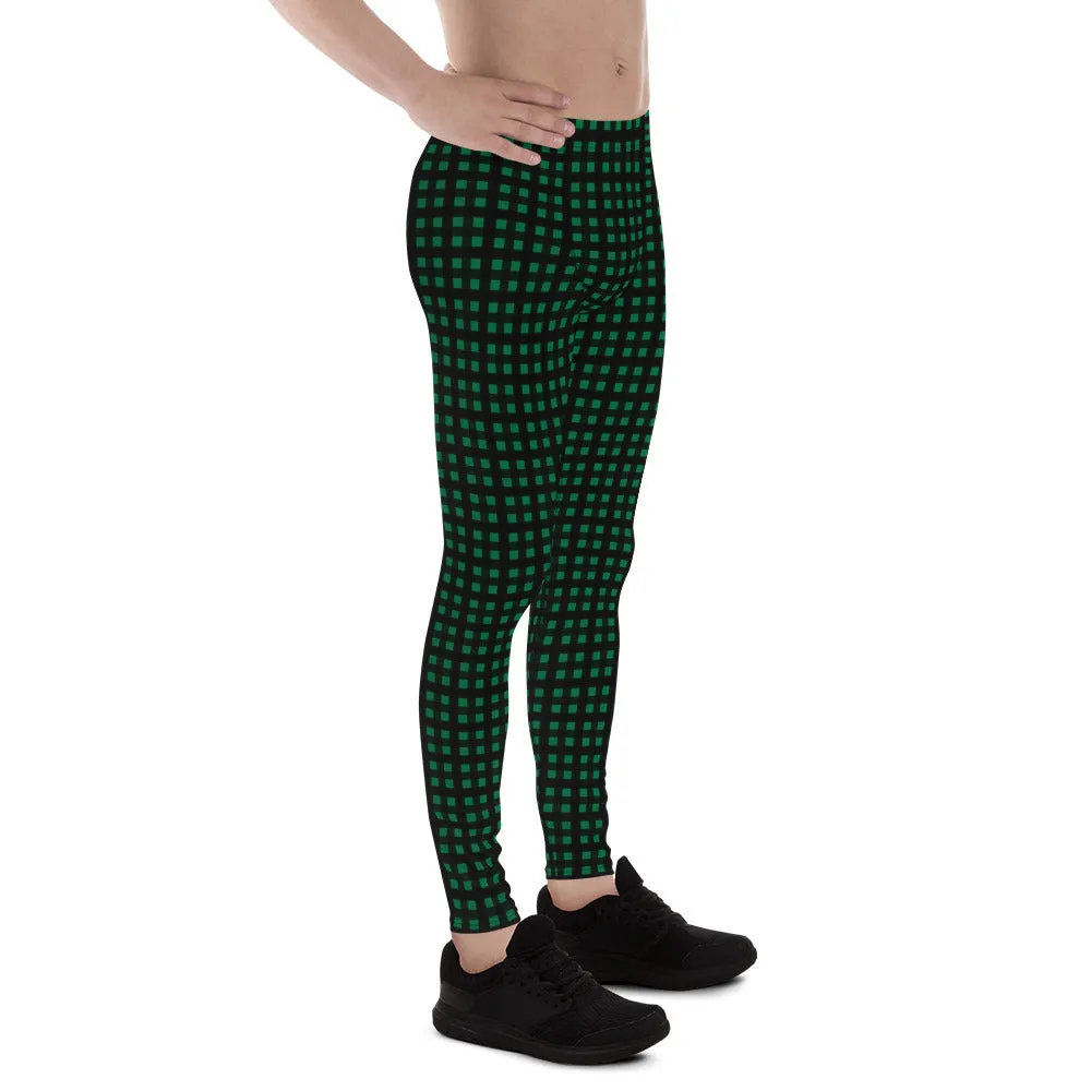 Green Buffalo Plaid Meggings, Premium Christmas Style Holiday Festive Men's Leggings Best Run Tights-Made in USA/EU/MX