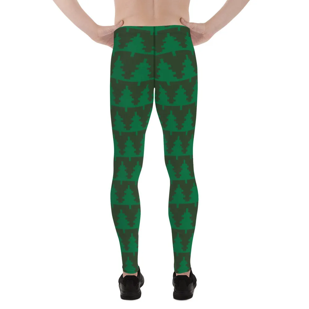 Green Christmas Tree Men's Leggings, Xmas Tree Festive Best Holiday Tights For Men - Made in USA/EU/MX