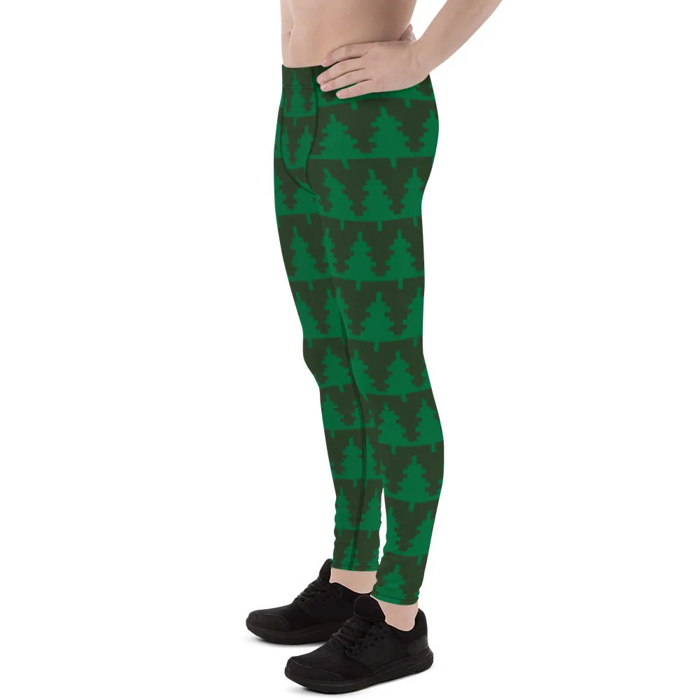 Green Christmas Tree Men's Leggings, Xmas Tree Festive Best Holiday Tights For Men - Made in USA/EU/MX