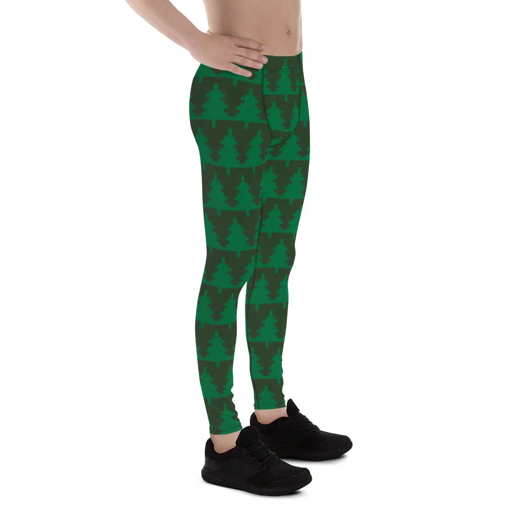 Green Christmas Tree Men's Leggings, Xmas Tree Festive Best Holiday Tights For Men - Made in USA/EU/MX