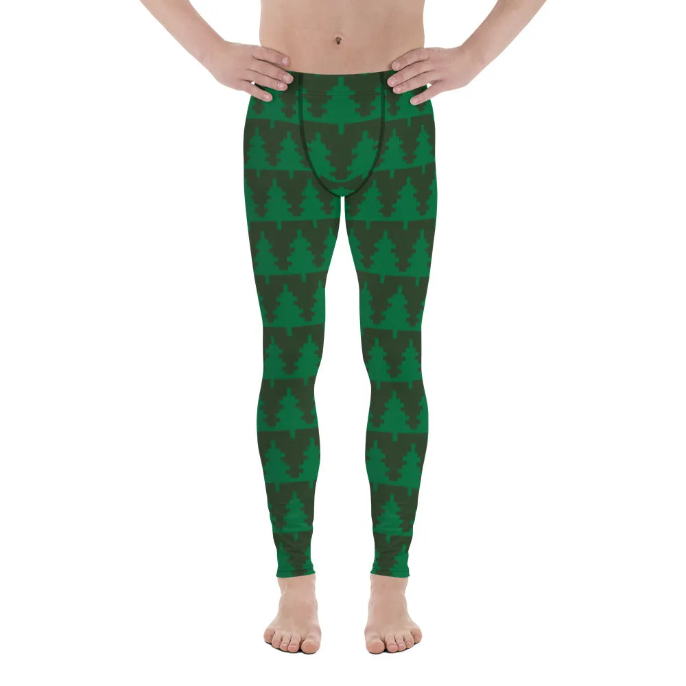 Green Christmas Tree Men's Leggings, Xmas Tree Festive Best Holiday Tights For Men - Made in USA/EU/MX