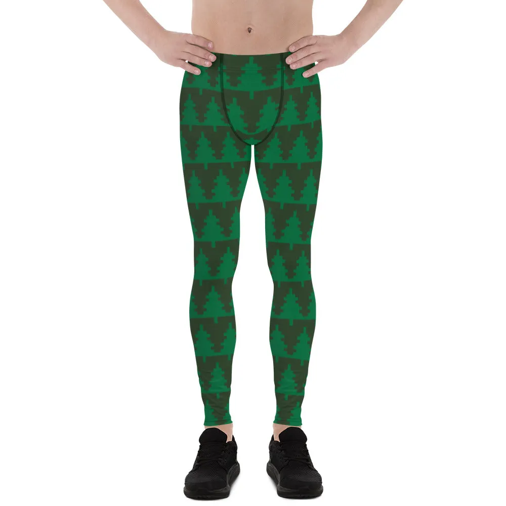 Green Christmas Tree Men's Leggings, Xmas Tree Festive Best Holiday Tights For Men - Made in USA/EU/MX