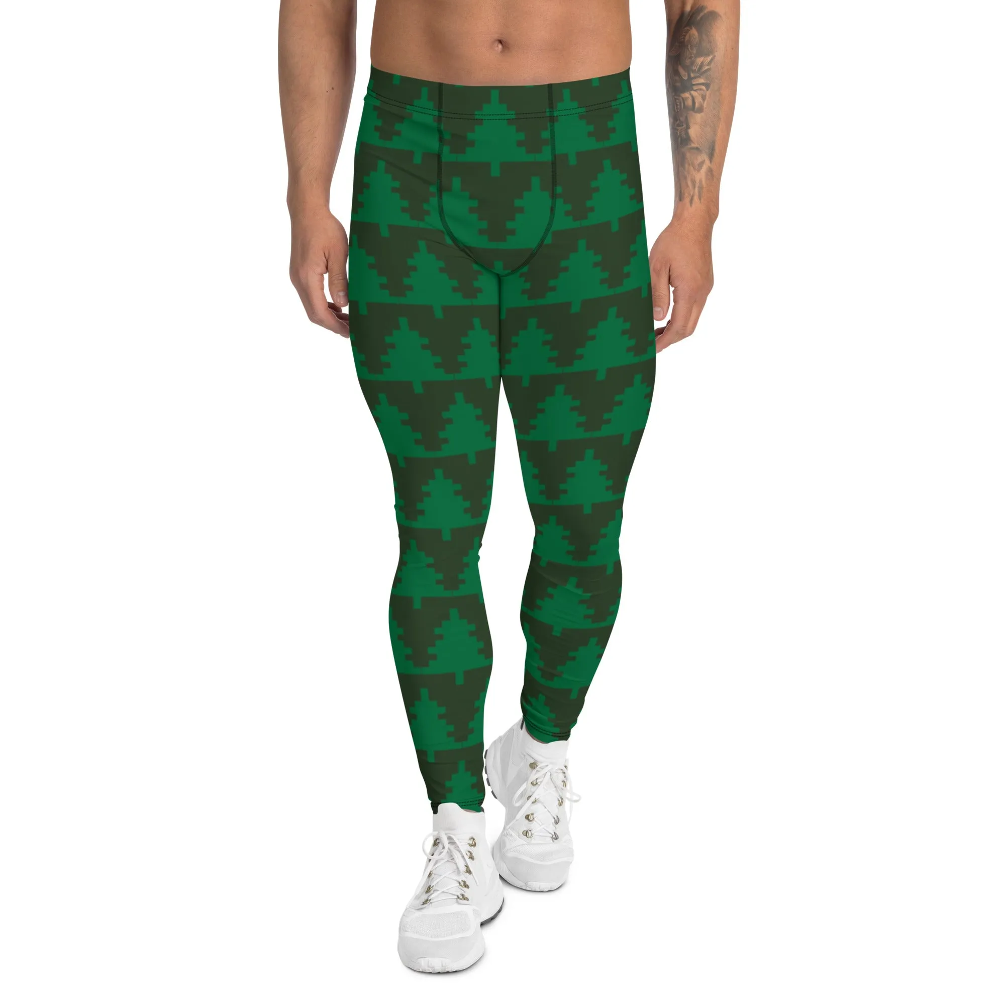 Green Christmas Tree Men's Leggings, Xmas Tree Festive Best Holiday Tights For Men - Made in USA/EU/MX