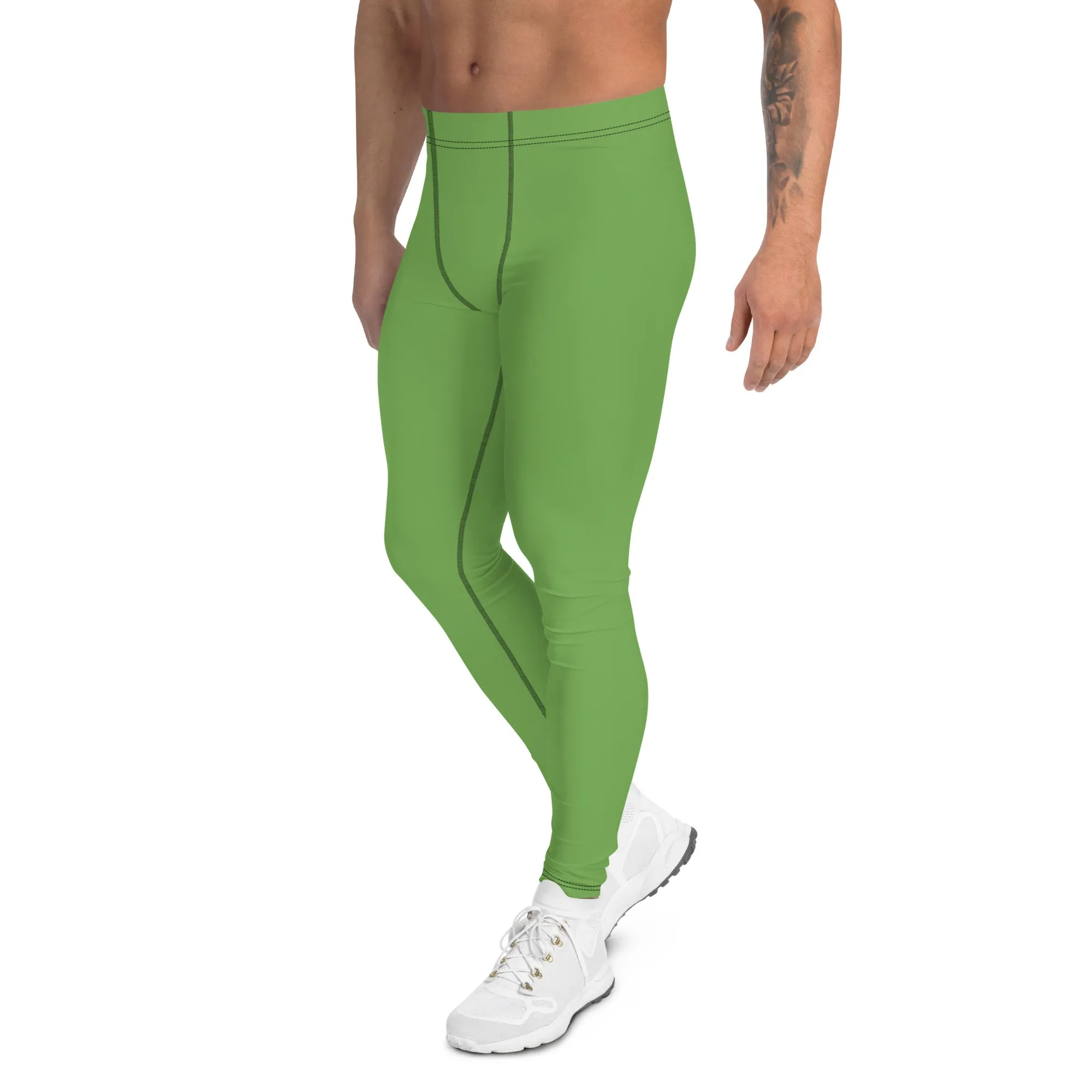 Green Solid Color Men's Leggings, Pastel Matcha Green Color Modern Meggings-Made in USA/EU/MX