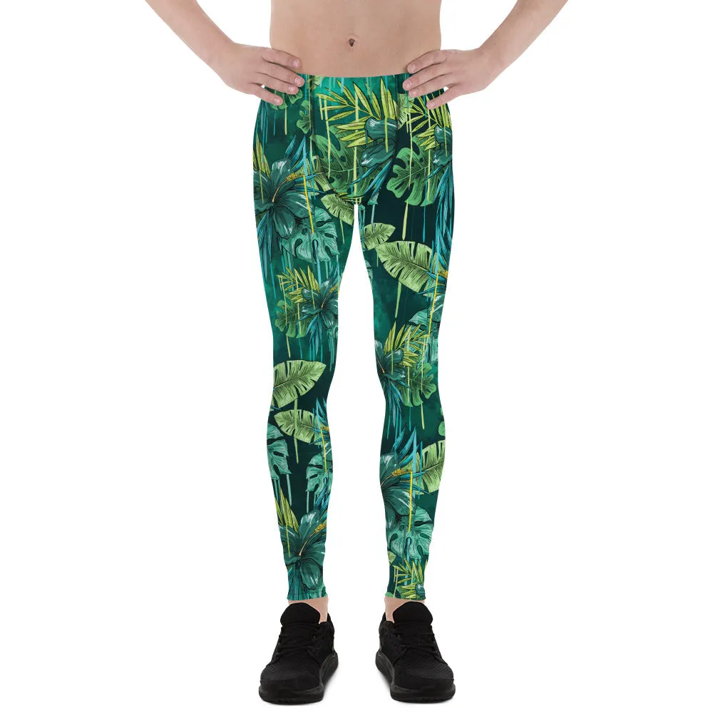 Green Tropical Leaf Men's Leggings, Floral Botanical Print Meggings Tights-Made in USA/EU