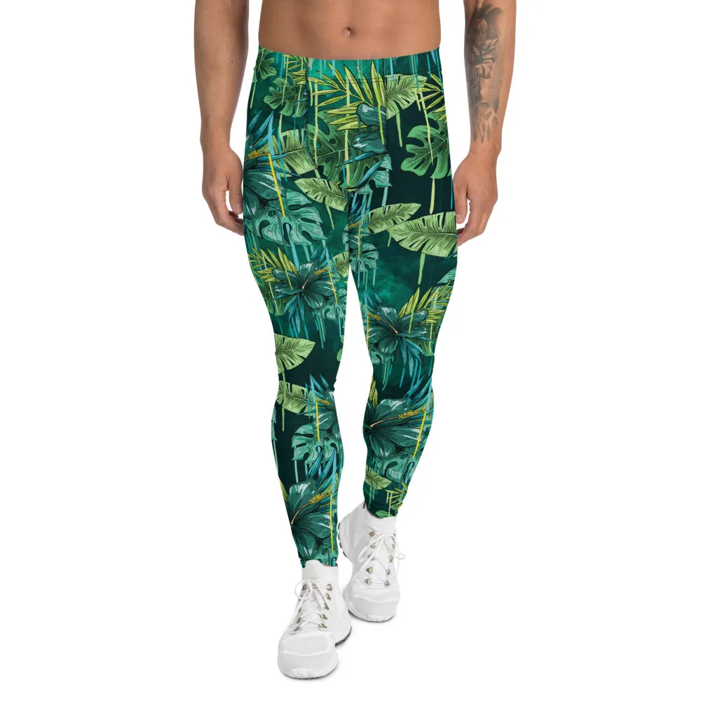 Green Tropical Leaf Men's Leggings, Floral Botanical Print Meggings Tights-Made in USA/EU