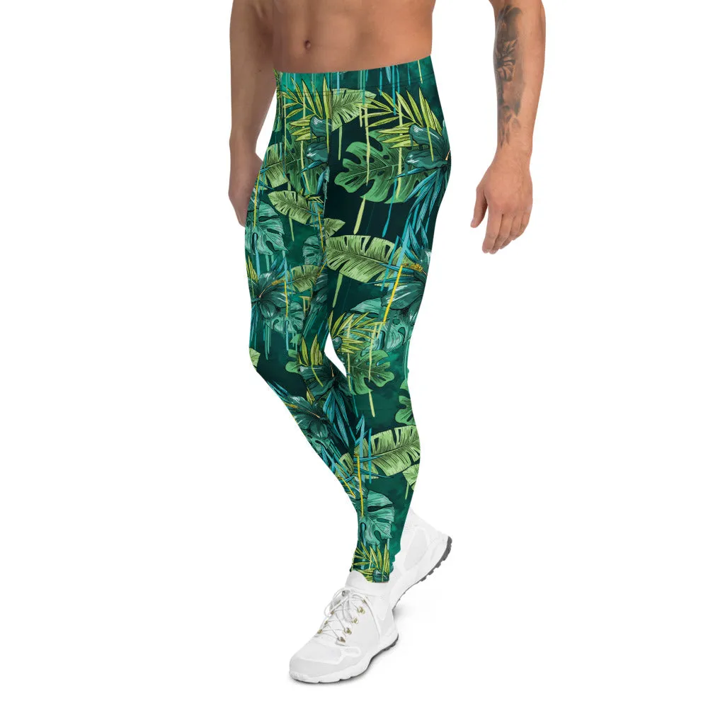 Green Tropical Leaf Men's Leggings, Floral Botanical Print Meggings Tights-Made in USA/EU