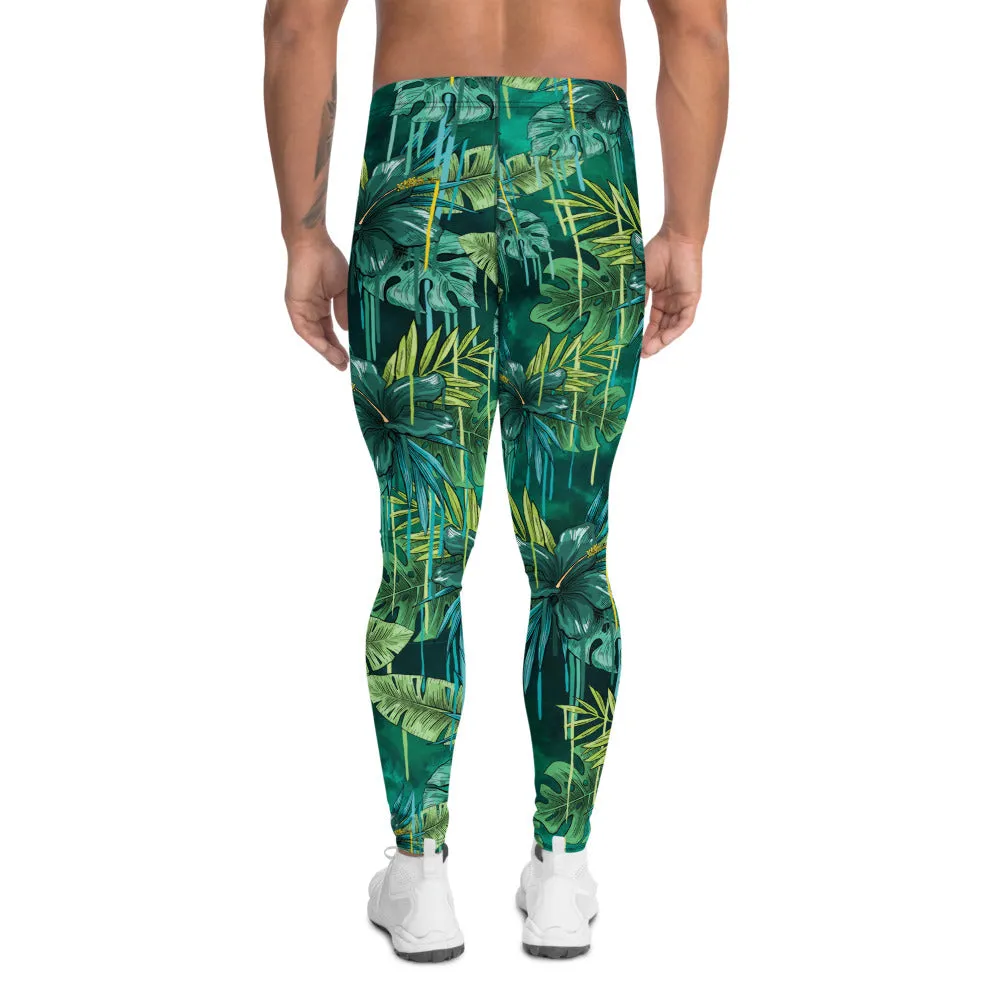 Green Tropical Leaf Men's Leggings, Floral Botanical Print Meggings Tights-Made in USA/EU