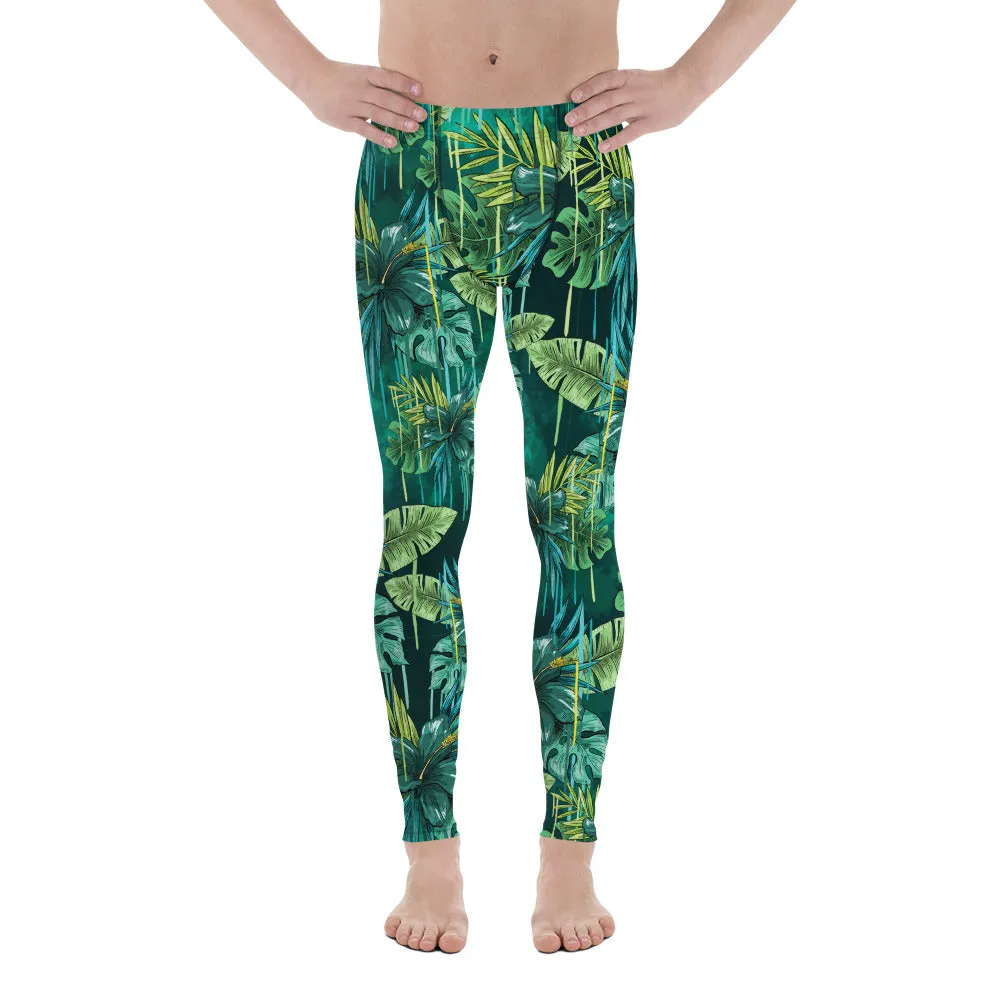 Green Tropical Leaf Men's Leggings, Floral Botanical Print Meggings Tights-Made in USA/EU