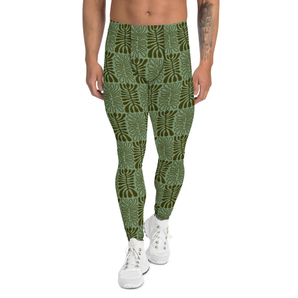 Green Tropical Patterned Men's Leggings, Tropical Leaves Print Meggings Tights-Made in USA/EU