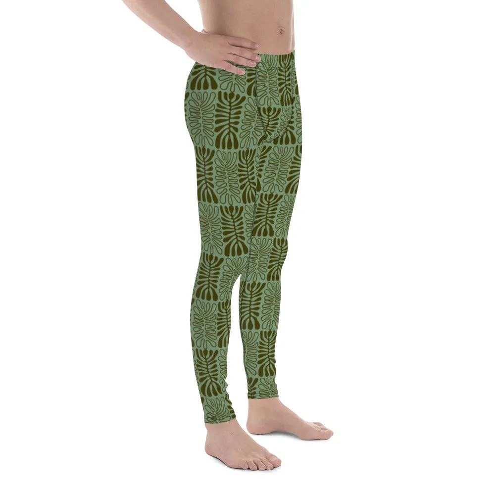 Green Tropical Patterned Men's Leggings, Tropical Leaves Print Meggings Tights-Made in USA/EU