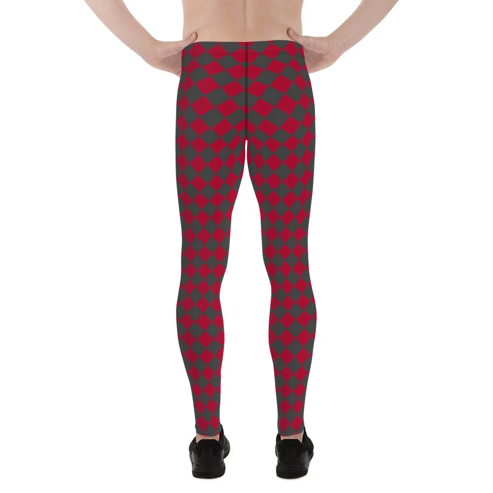 Grey Red Checkered Men's Leggings, Check Pants Men, Men's Plaid Pants, Checkered Pants - Made in USA/EU/MX