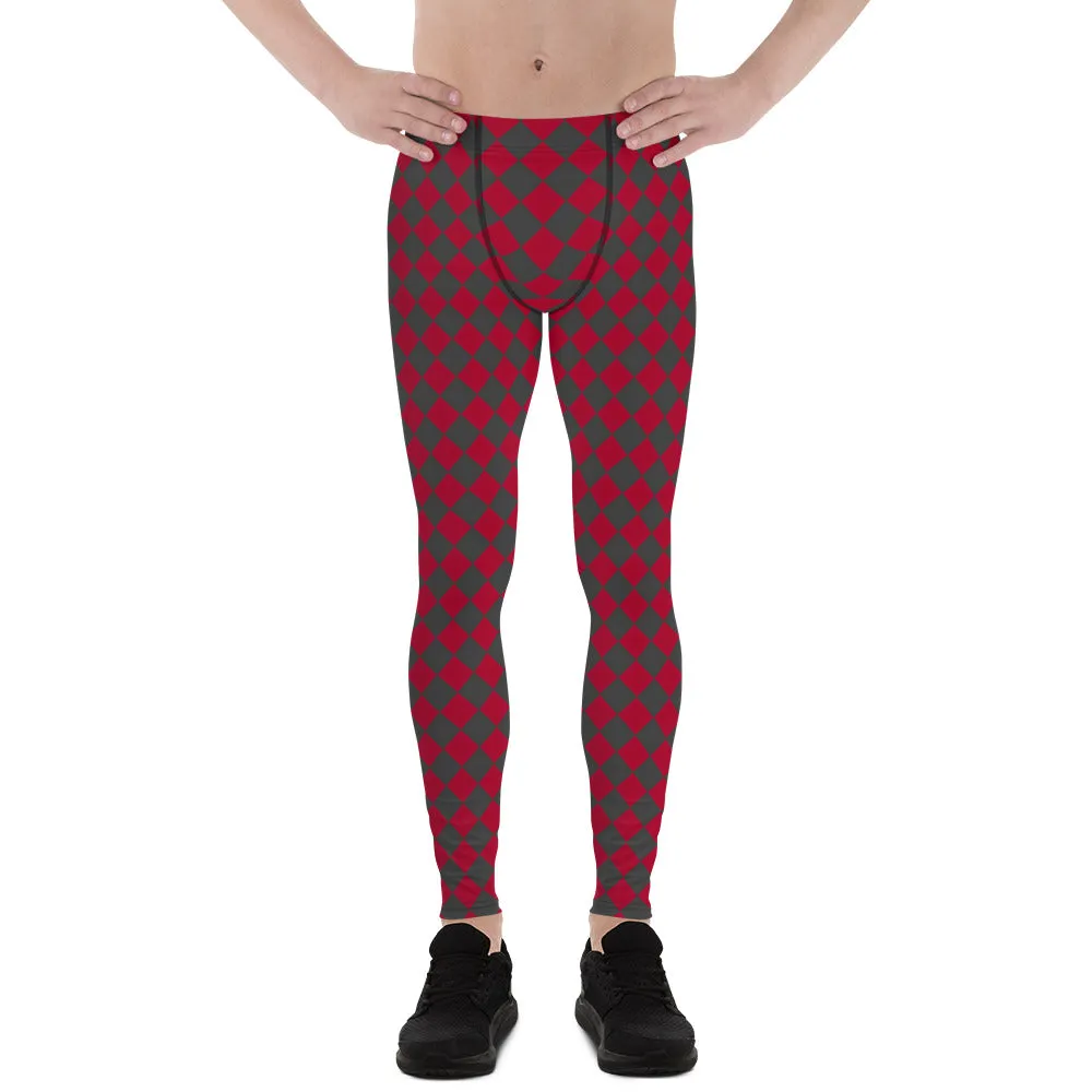 Grey Red Checkered Men's Leggings, Check Pants Men, Men's Plaid Pants, Checkered Pants - Made in USA/EU/MX