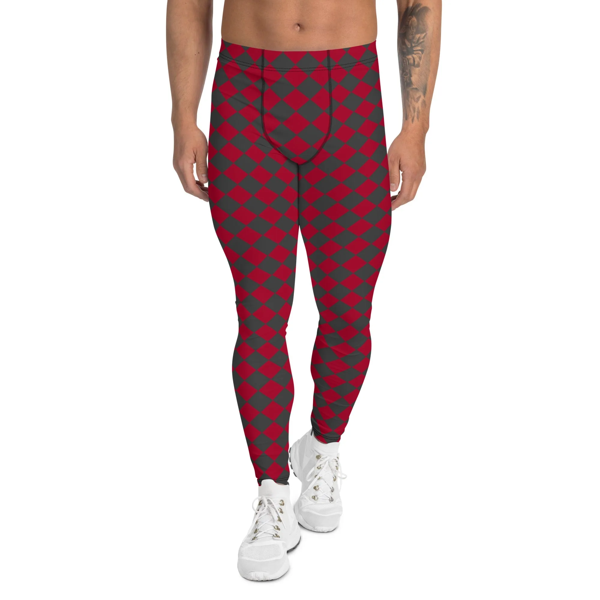 Grey Red Checkered Men's Leggings, Check Pants Men, Men's Plaid Pants, Checkered Pants - Made in USA/EU/MX