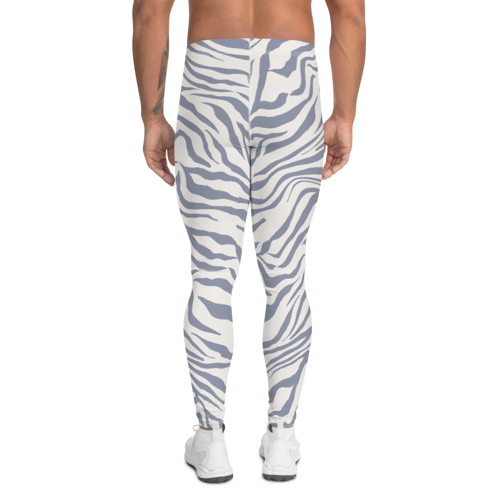 Grey Zebra Print Men's Leggings, Zebra Striped Print Designer Running Compression Tights For Men - Made in USA/EU/MX