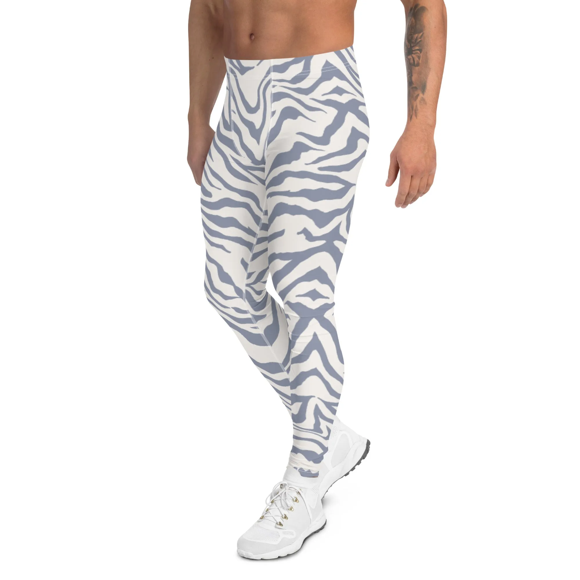 Grey Zebra Print Men's Leggings, Zebra Striped Print Designer Running Compression Tights For Men - Made in USA/EU/MX