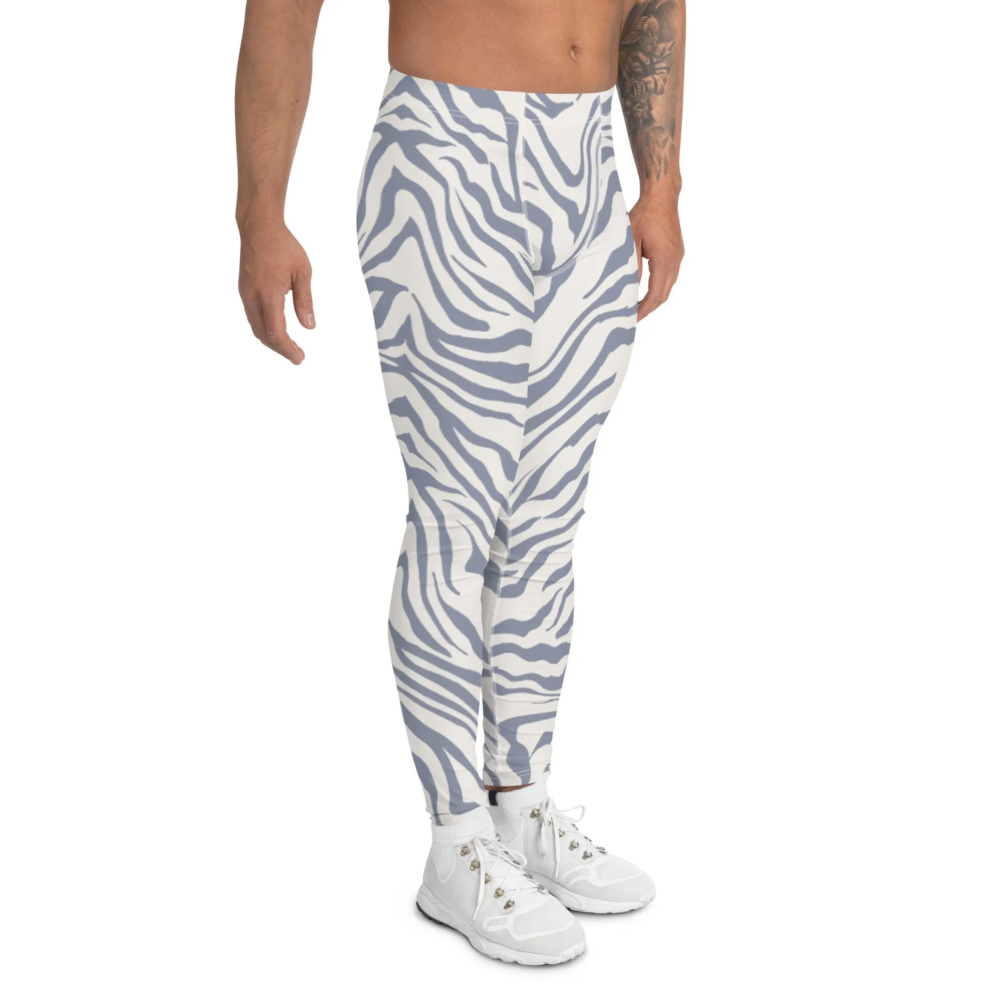 Grey Zebra Print Men's Leggings, Zebra Striped Print Designer Running Compression Tights For Men - Made in USA/EU/MX