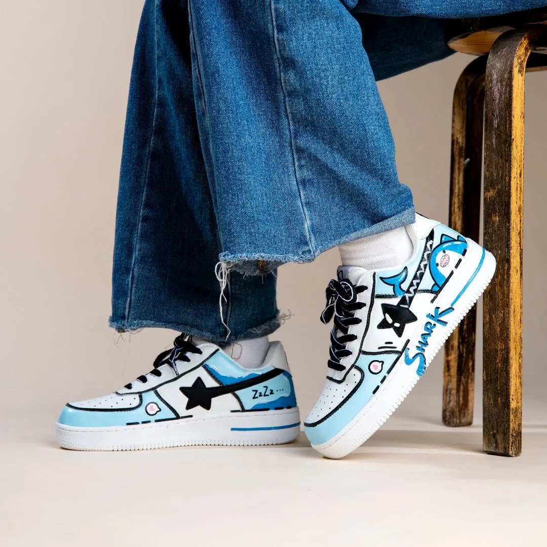 Hand Painted Blue Shark Casual White Shoes - Unisex