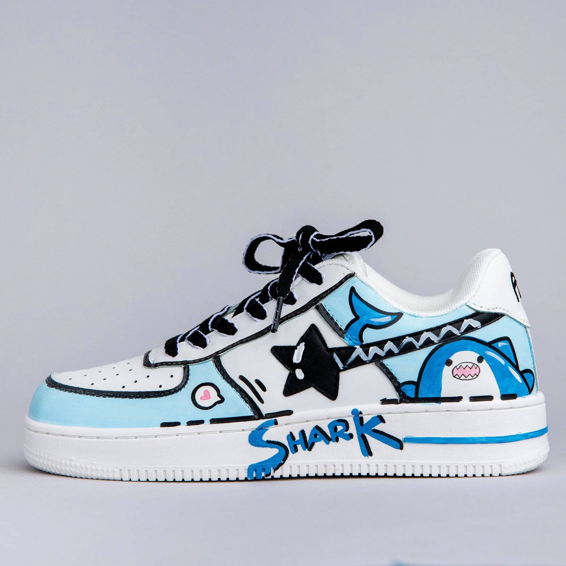 Hand Painted Blue Shark Casual White Shoes - Unisex