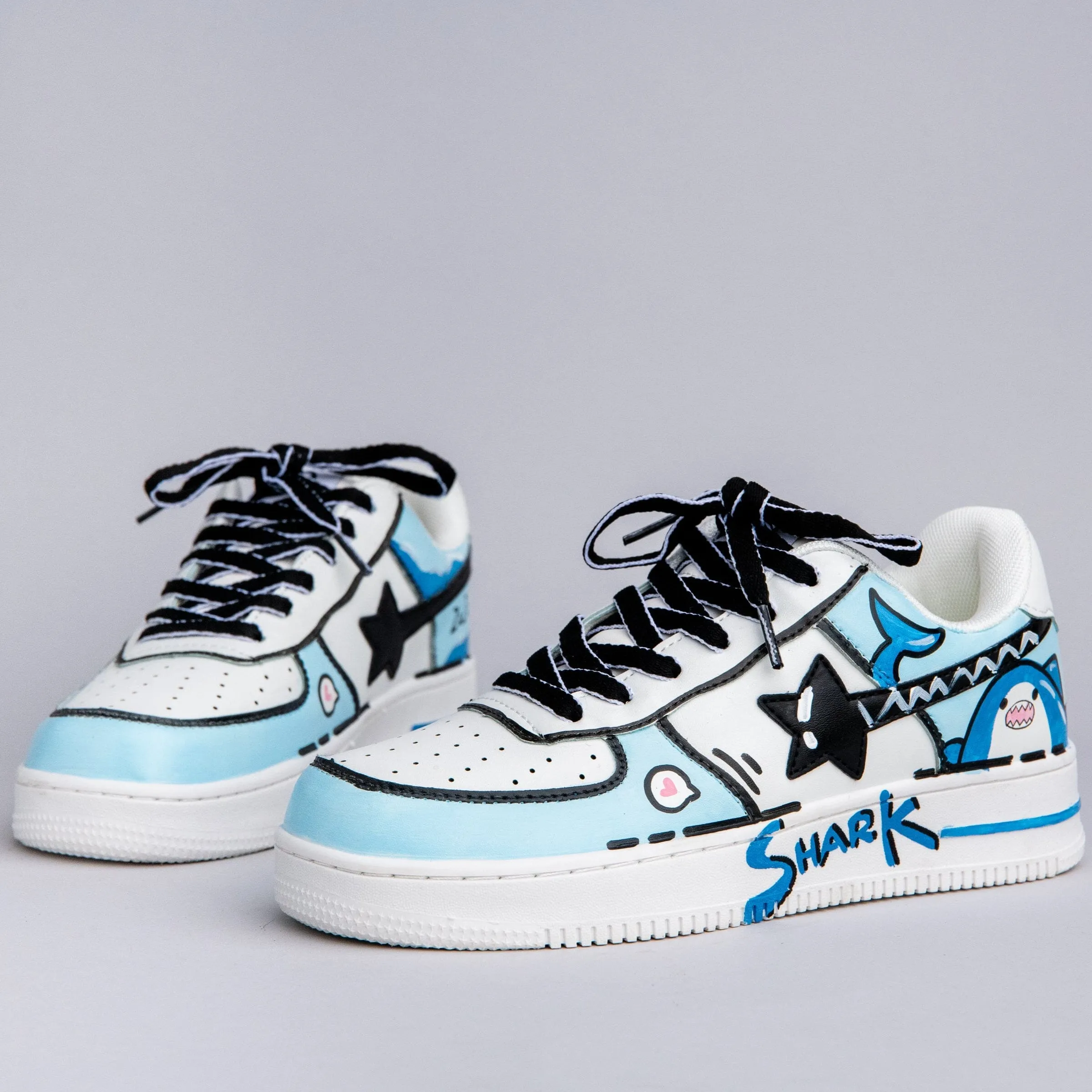 Hand Painted Blue Shark Casual White Shoes - Unisex