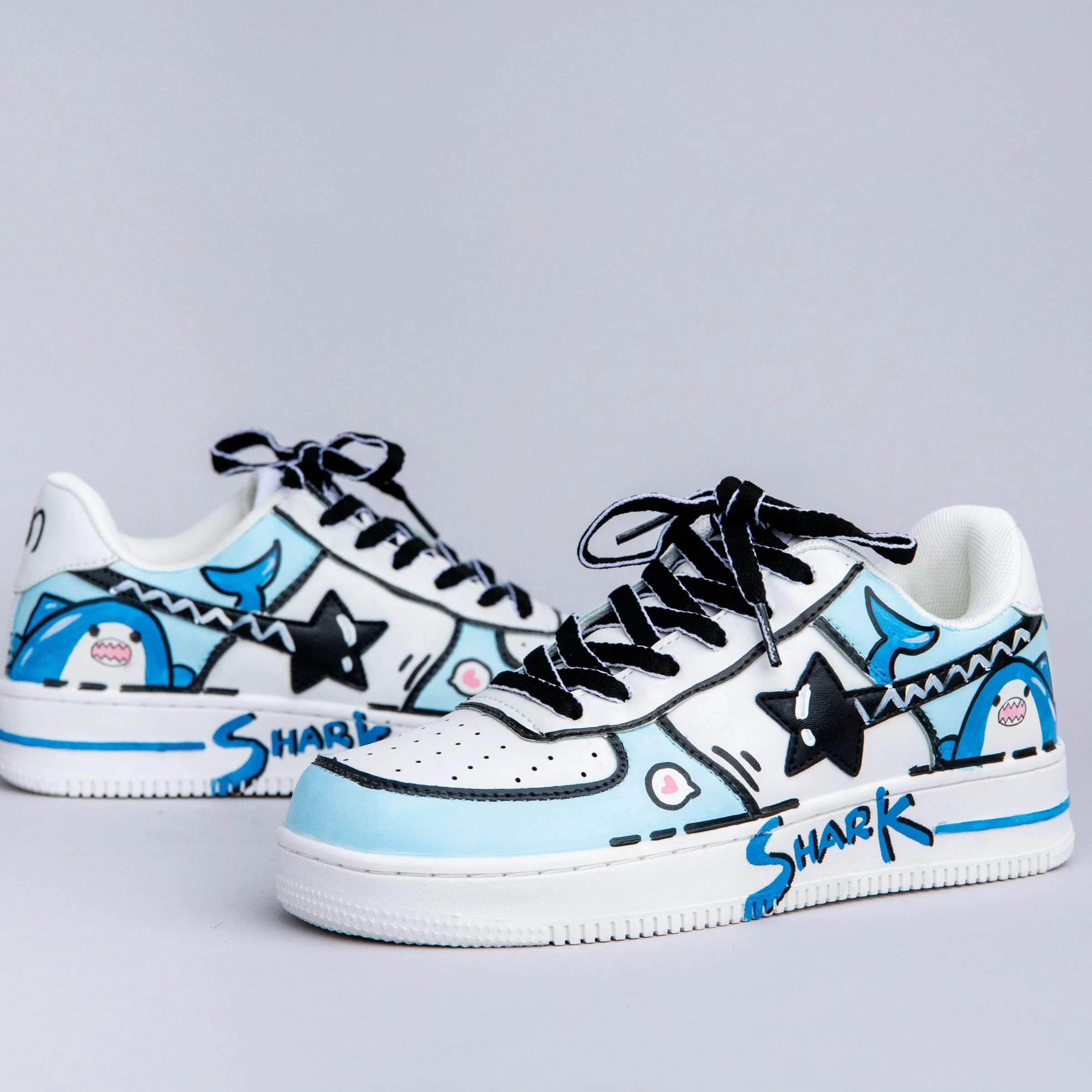 Hand Painted Blue Shark Casual White Shoes - Unisex