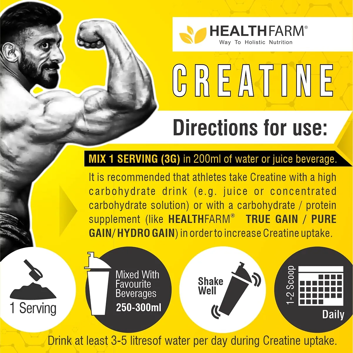 Healthfarm Creatine Monohydrate Powder - 3g of Micronized Creatine Powder per Serving, Creatine Pre Workout, Creatine for Building Muscle, Creatine Monohydrate (250 gram)