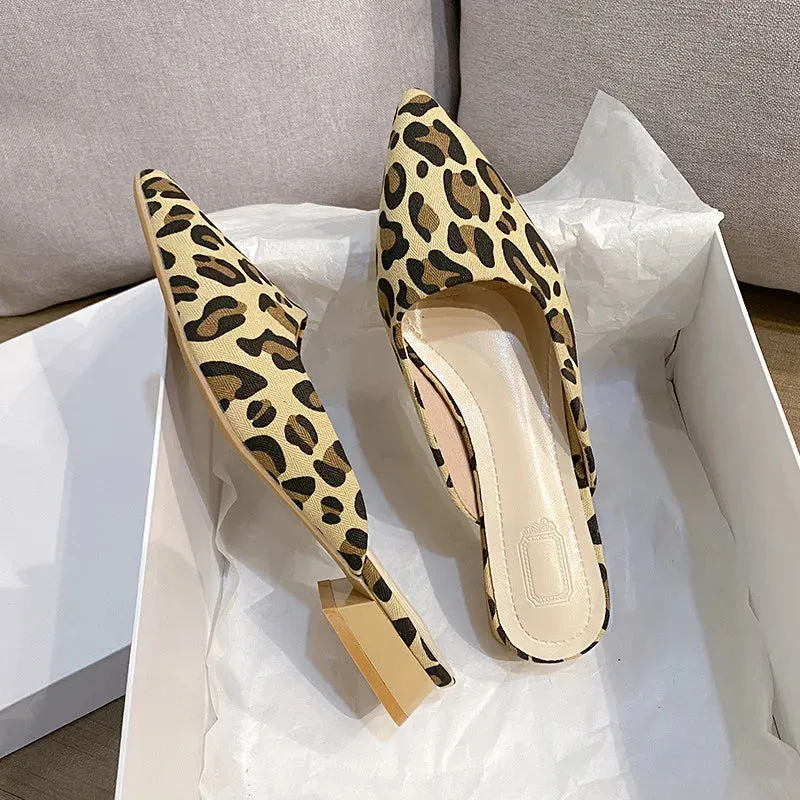 Hnzxzm New Summer Women Leopard Mules Slippers Fashion Shallow Pointed Toe Slides Shoes Ladies Casual Outdoor Low Heel Sandalias