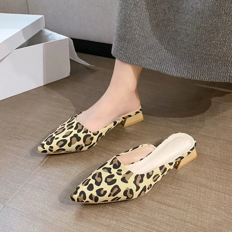 Hnzxzm New Summer Women Leopard Mules Slippers Fashion Shallow Pointed Toe Slides Shoes Ladies Casual Outdoor Low Heel Sandalias