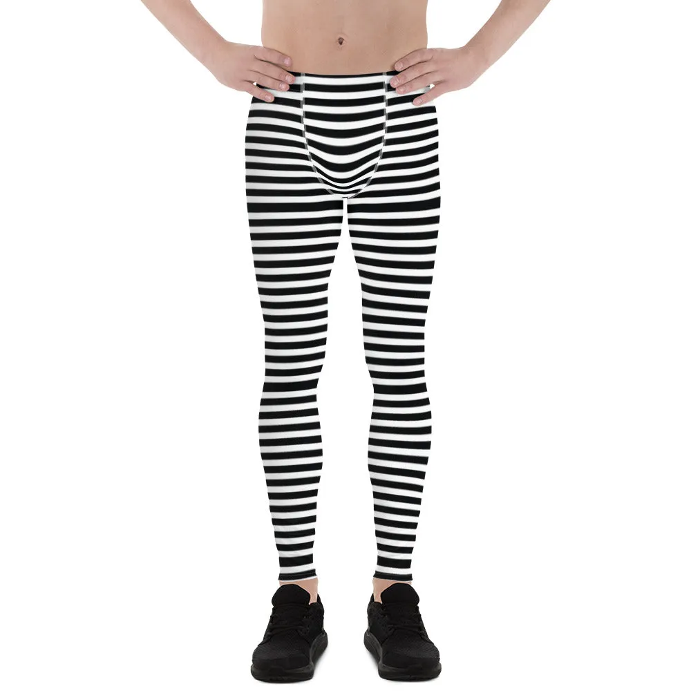 Horizontal Striped Meggings, Designer Best White Black Men's Leggings-Made in USA/EU/MX