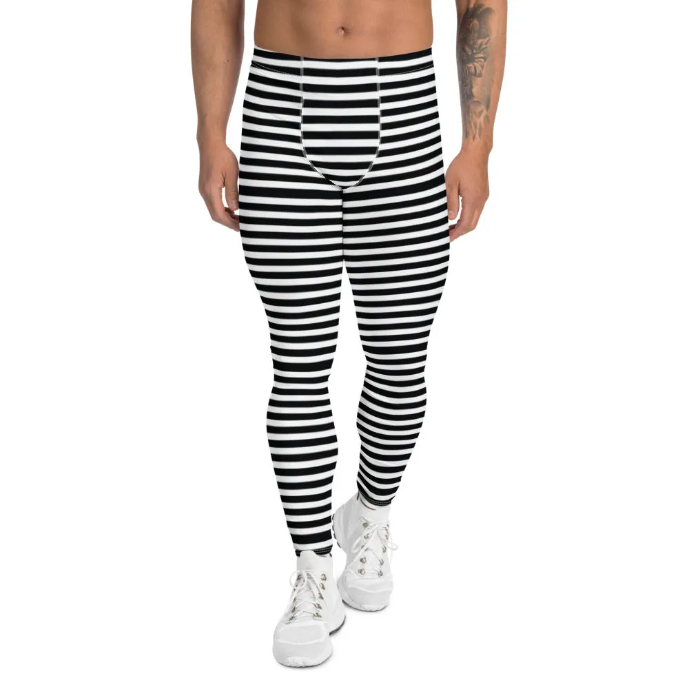 Horizontal Striped Meggings, Designer Best White Black Men's Leggings-Made in USA/EU/MX