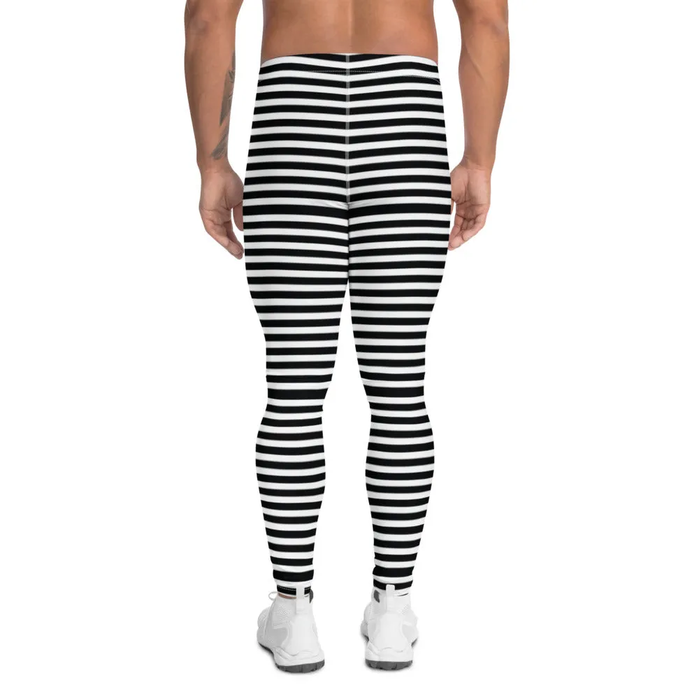 Horizontal Striped Meggings, Designer Best White Black Men's Leggings-Made in USA/EU/MX