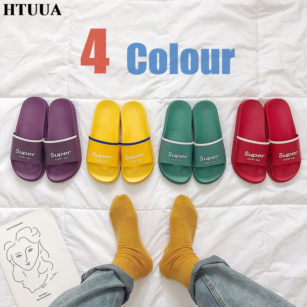 HTUUA 2018 Summer Shoes Chic Letters Slippers Women Korean Candy color Flat Slides Outdoor Indoor Bathroom Home Slippers SX1550