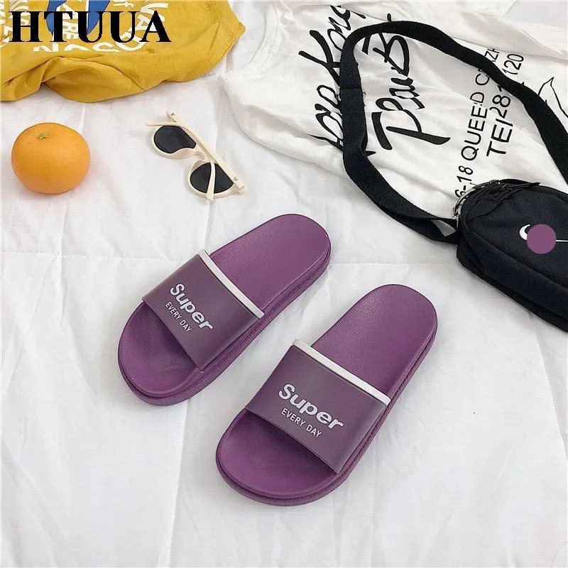 HTUUA 2018 Summer Shoes Chic Letters Slippers Women Korean Candy color Flat Slides Outdoor Indoor Bathroom Home Slippers SX1550