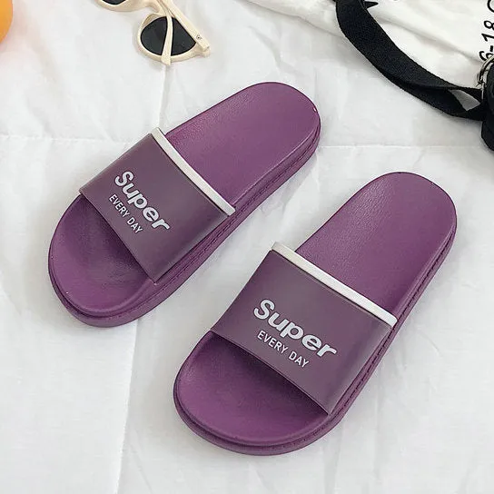 HTUUA 2018 Summer Shoes Chic Letters Slippers Women Korean Candy color Flat Slides Outdoor Indoor Bathroom Home Slippers SX1550