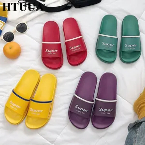 HTUUA 2018 Summer Shoes Chic Letters Slippers Women Korean Candy color Flat Slides Outdoor Indoor Bathroom Home Slippers SX1550