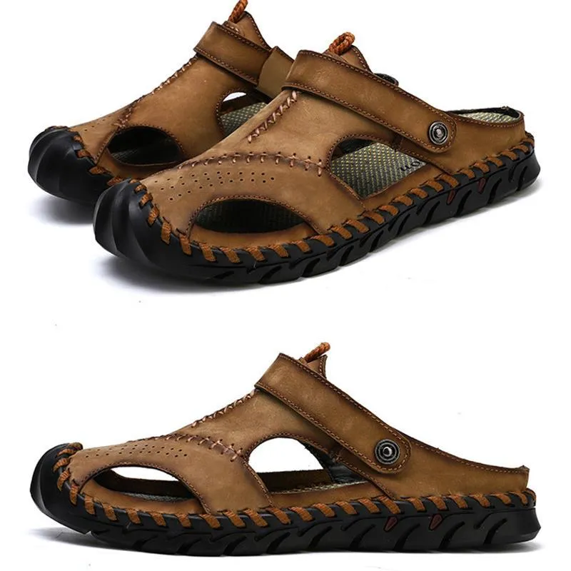 Kaegreel Men's Hand Stitching Leather Non Slip Outdoor Casual Beach Sandals