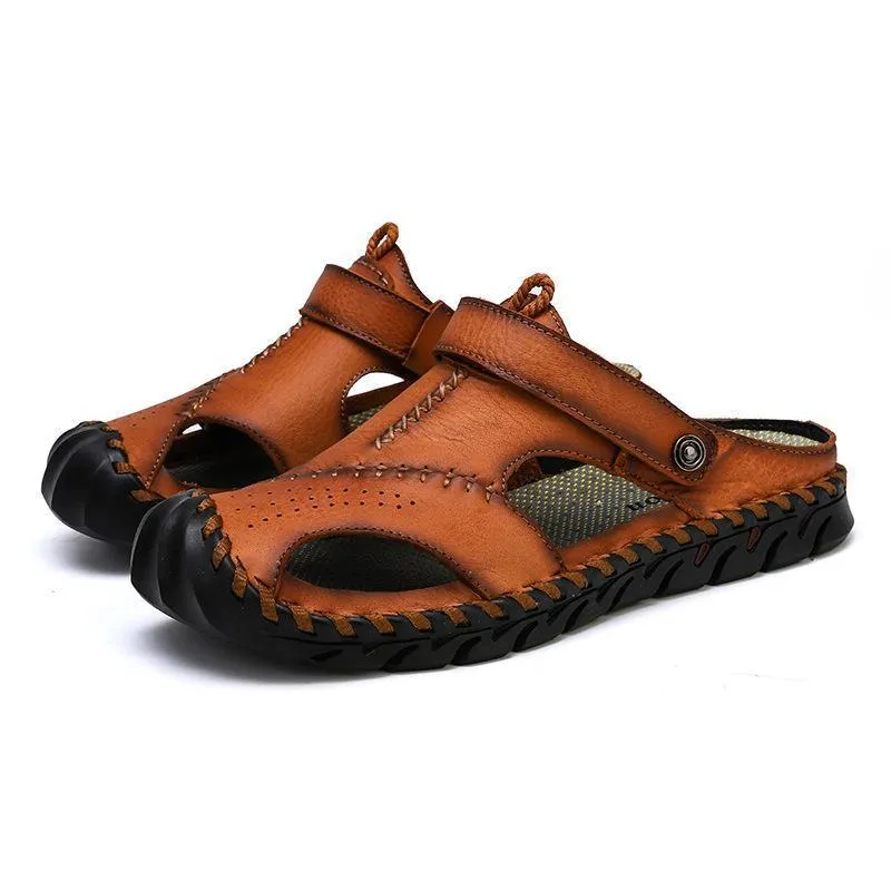 Kaegreel Men's Hand Stitching Leather Non Slip Outdoor Casual Beach Sandals