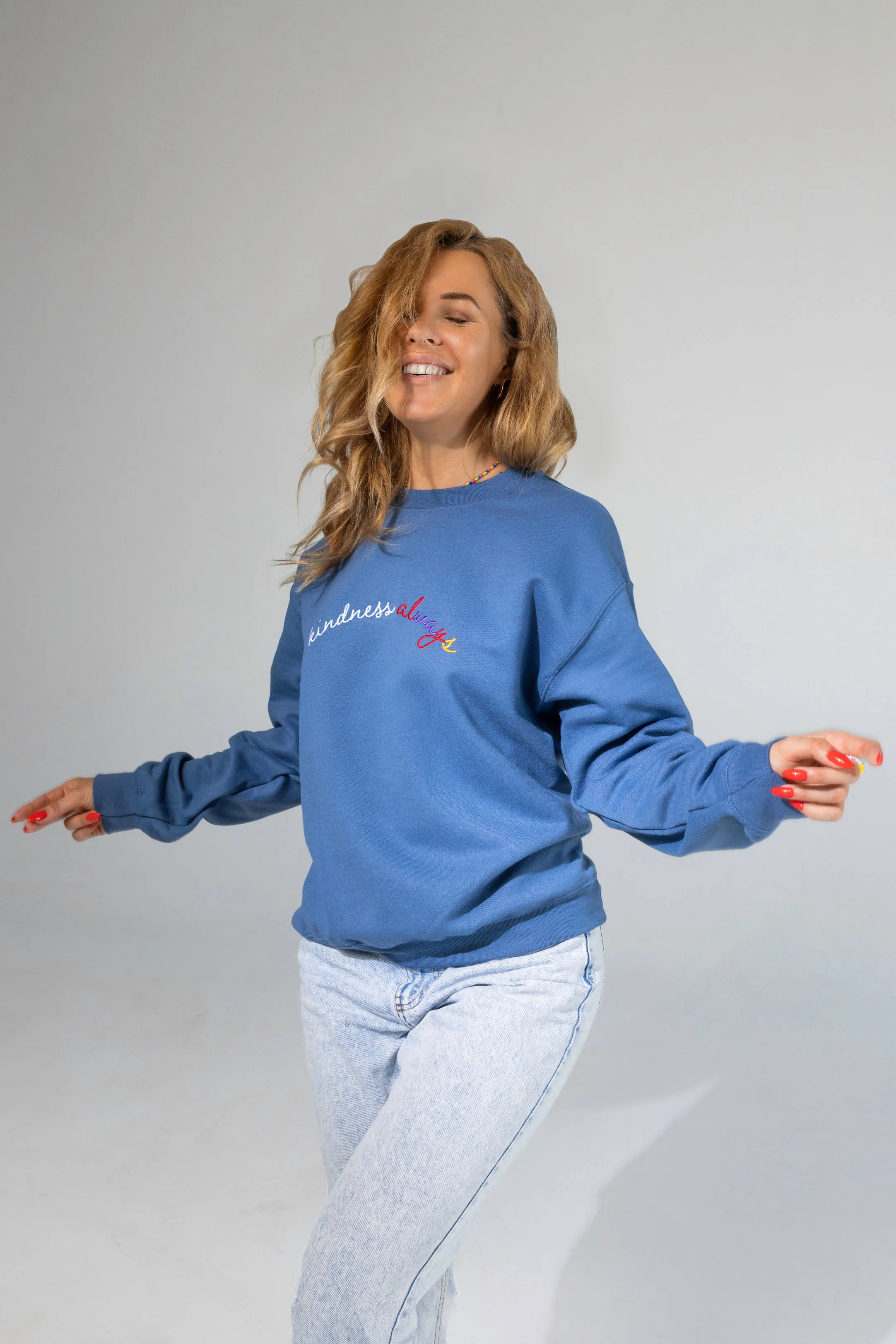 Kindness Always Embroidered Sweatshirt-Indigo Blue