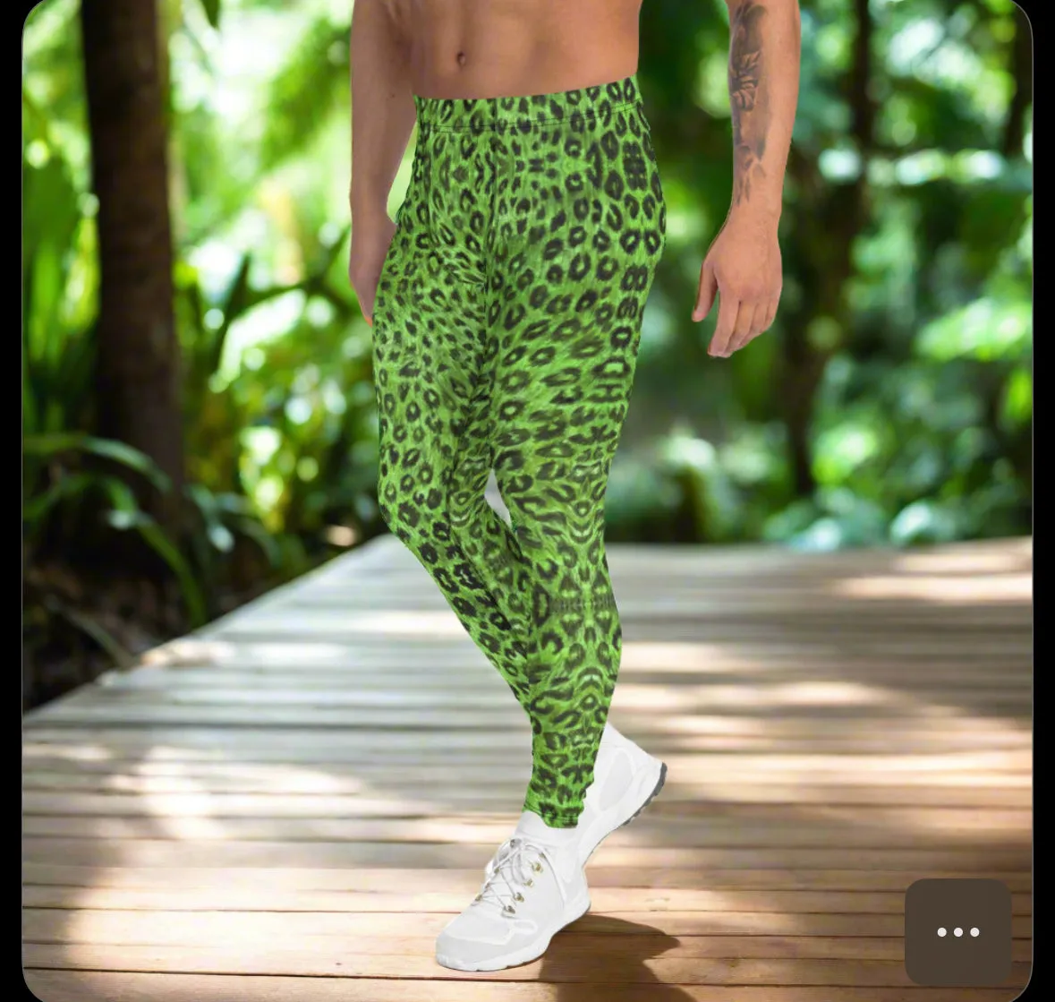 Light Green Leopard Men's Leggings, Animal Print Meggings Compression Tights-Made in USA/EU/MX