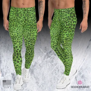 Light Green Leopard Men's Leggings, Animal Print Meggings Compression Tights-Made in USA/EU/MX