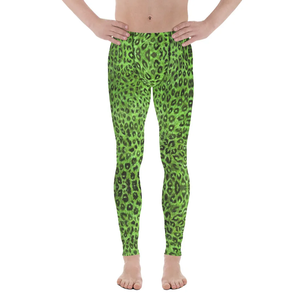 Light Green Leopard Men's Leggings, Animal Print Meggings Compression Tights-Made in USA/EU/MX