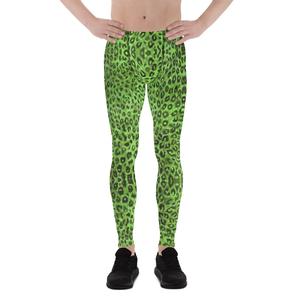 Light Green Leopard Men's Leggings, Animal Print Meggings Compression Tights-Made in USA/EU/MX